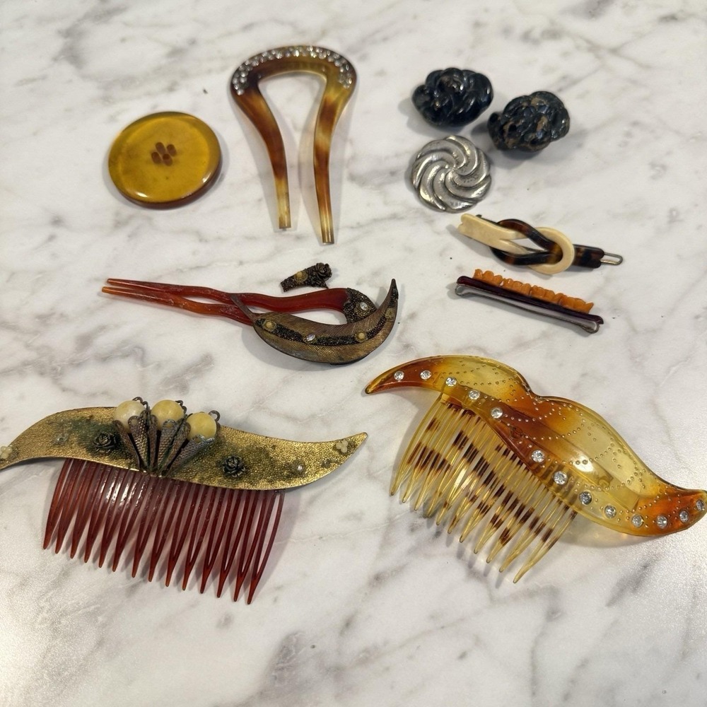 Lot of 10 Antique Art Deco Hair Combs Barrette Rhinestone Buttons Lot
